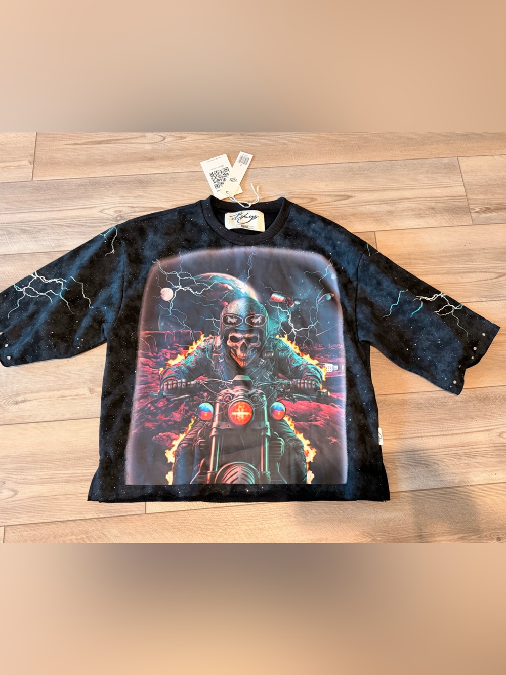 Black Graphic Skull Biker Tee for Kids